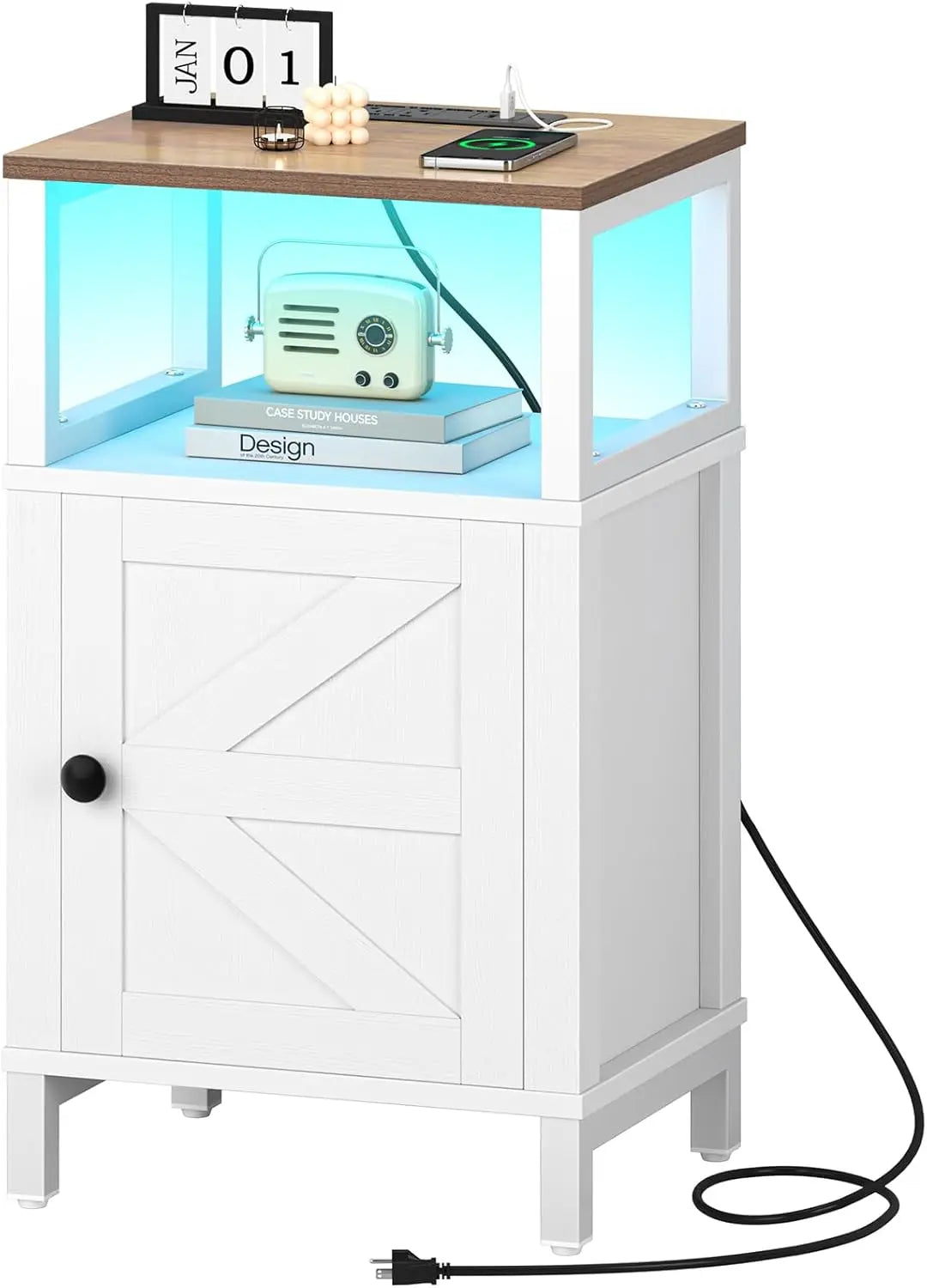 Farmhouse Nightstand with Charging Station, Wood Night Stand End Table with USB Ports, LED Bed Side Table with Storage Cabinet,