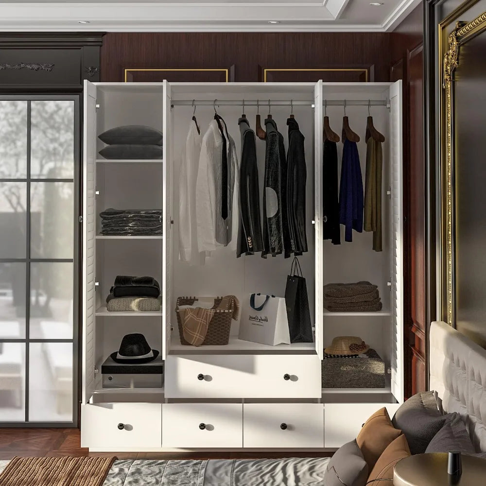 Large Wardrobe Armoire with Multi-Tier Shelves, 5 Drawers, Hanging Rod & 4 Louver Doors, Wooden Closet Storage Cabinet for Bedr