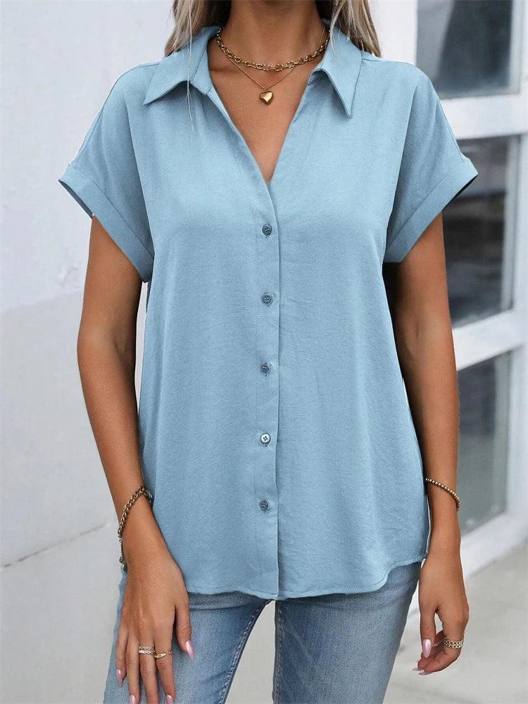 Classic Solid Color Short-sleeved Shirt Women's Summer New Casual Wind Tie Buckle Slim Short-sleeved Shirt Flip Collar Blouse