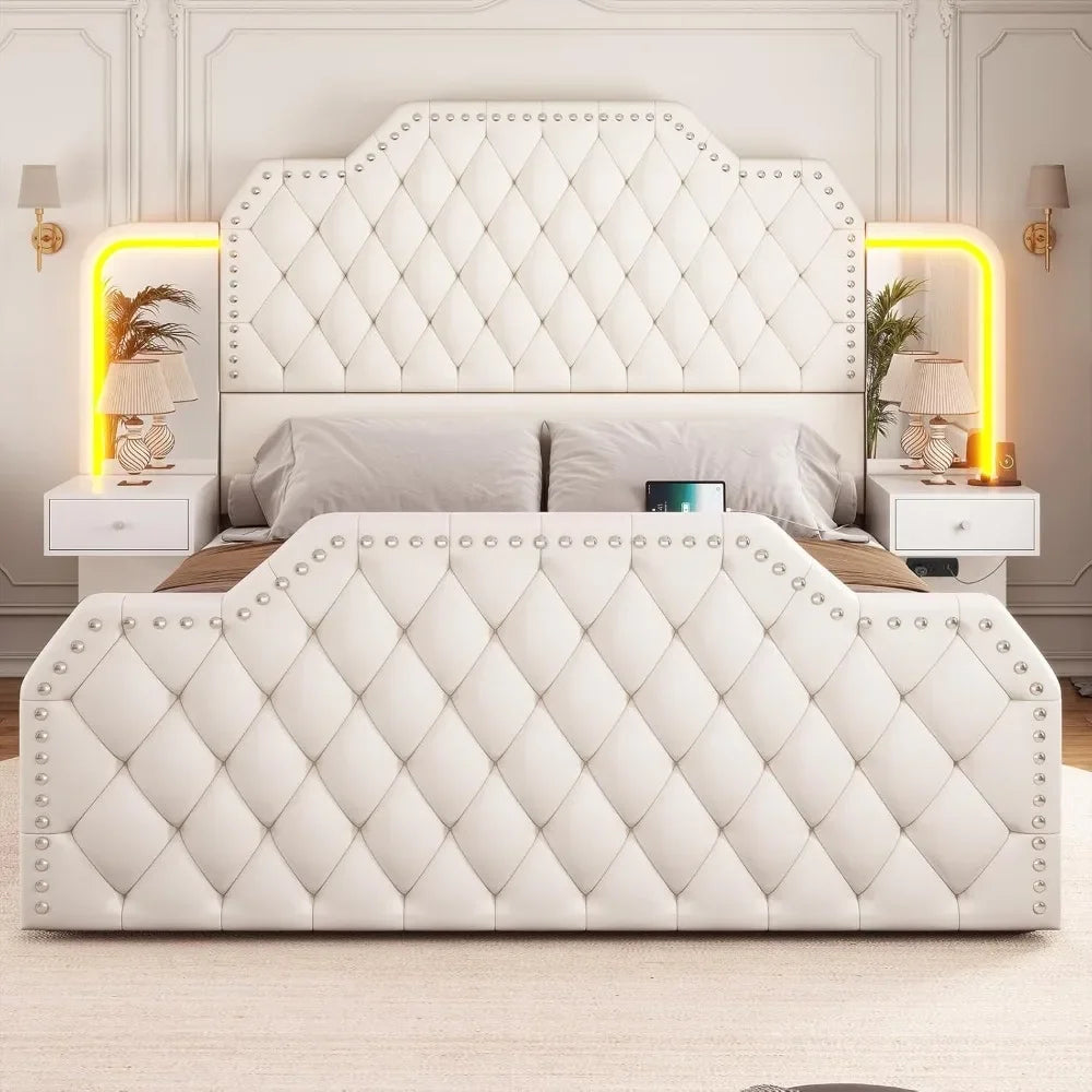 Queen Bed Frame with Headboard and 4 Storage Drawers, Leather Upholstery, Charging Station and LED, 2 Bedside Tables, Bed Frame.