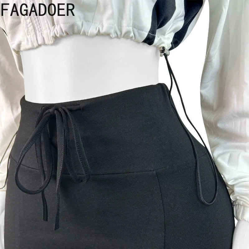 FAGADOER Fashion Sports 2 Pieces Set for Woman Color Block Drawstring Patchwork Crop Top and Pants Outfit Female Streetwear New