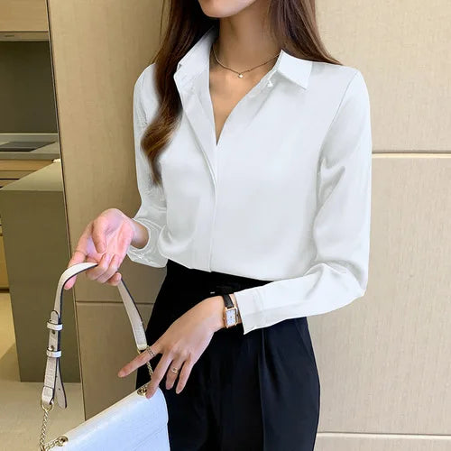 Satin Women's Shirt Long Sleeve Fashion Woman Blouse 2025 Solid Top Female Shirts and Blouse Basic Ladies Tops OL Women Clothing