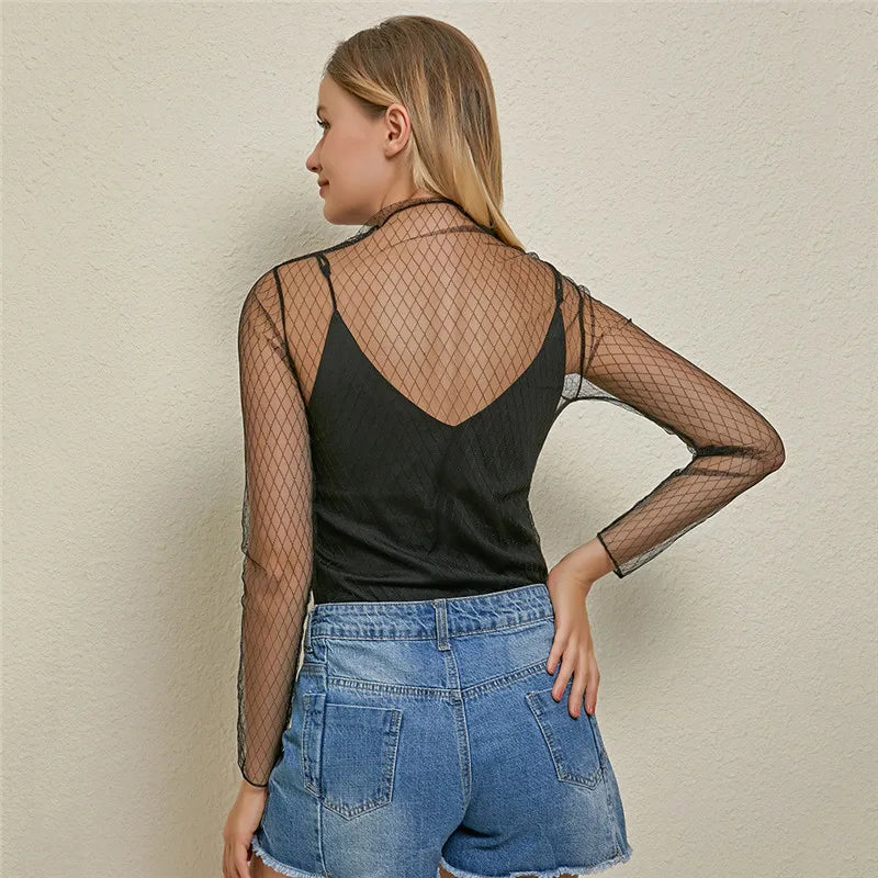 Women Mesh See Shirt Through Elegant Tops 2024 Hollow Transparent Fashion Exquisite Shirts Pentagram Dot Base Top