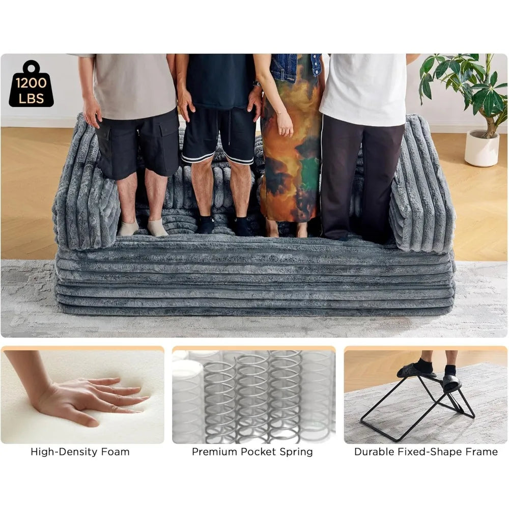 VanAcc Foldable Sofa Bed, Convertible Floor Sofa with Plush Faux Fur, No Assembly Mattress Couch for Living Room