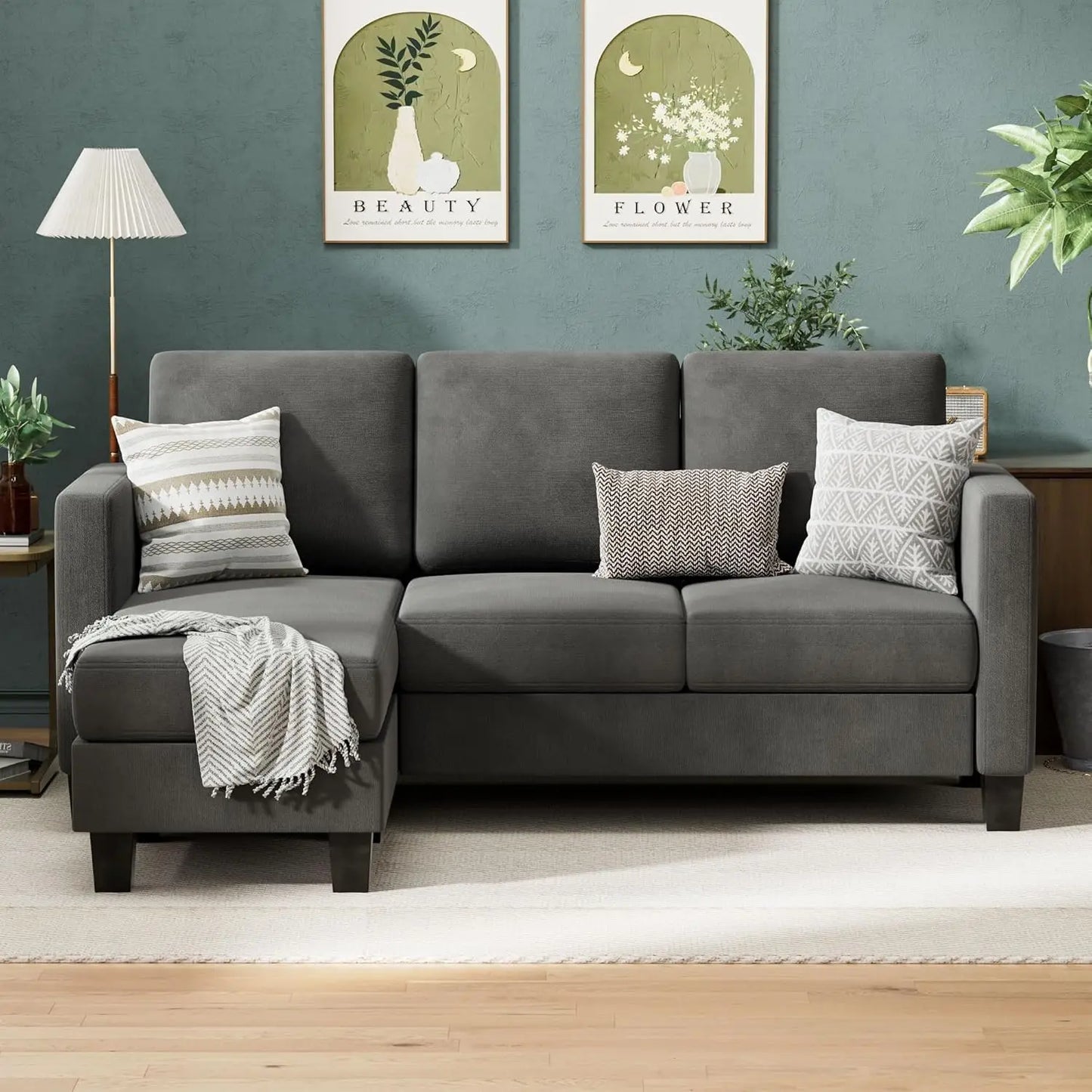 Sofa Couch, 3 Seat L-Shaped Sofa with Linen Fabric Ottoman Small Couch for Small Apartments, Living Room and Office (Dark Gray)