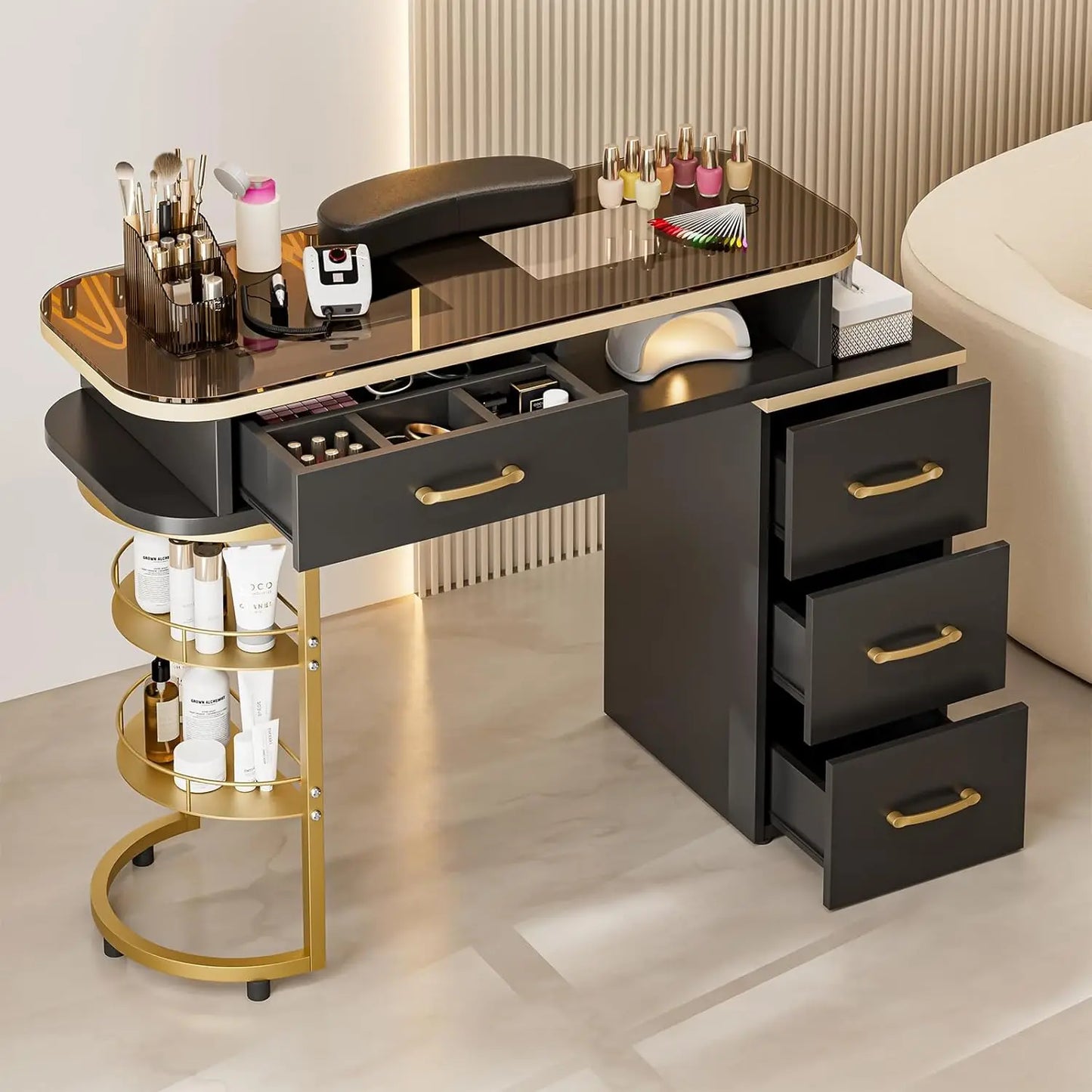 Manicure Table for Nail Tech, Glass Top Nail Desk Station w/4 Drawers & 2-Tier Storage Shelves, Salon Beauty Workstation