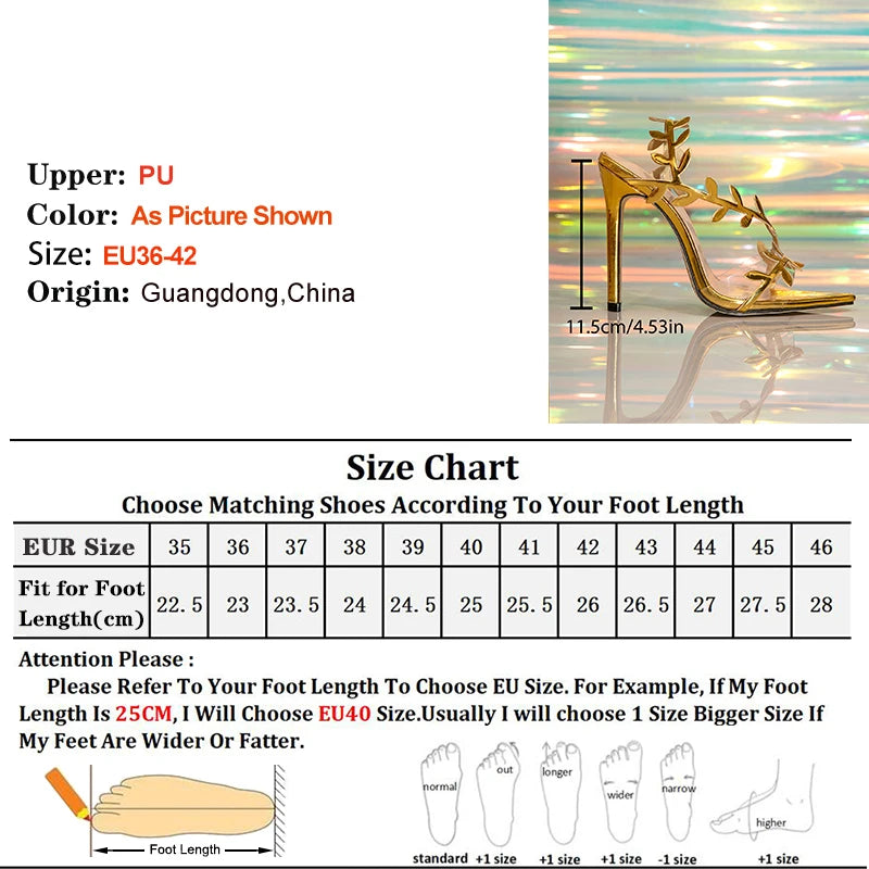 2025 New Style Women Sandals Foreign Trade 11.5cm Stiletto Lady Shoes Fashion Pointed Toe Leaf Decoration Gold Losed Toe Sandals