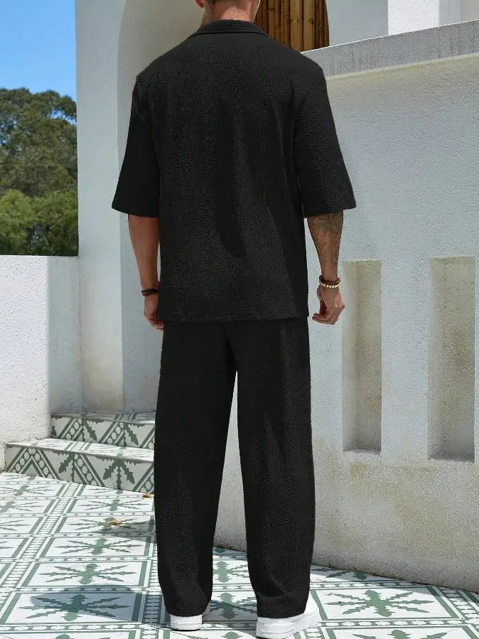New Spring summer Men's retro casual suit collar solid color half-sleeved shirt loose drawstring pants Two-piece beach Suit