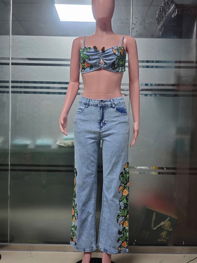 Sexy Denim Woman Set Fashion Floral Printed Crop Top and Wide Leg Jeans Pants Suit 2025 Street Wear Two 2 Piece Sets Outfits