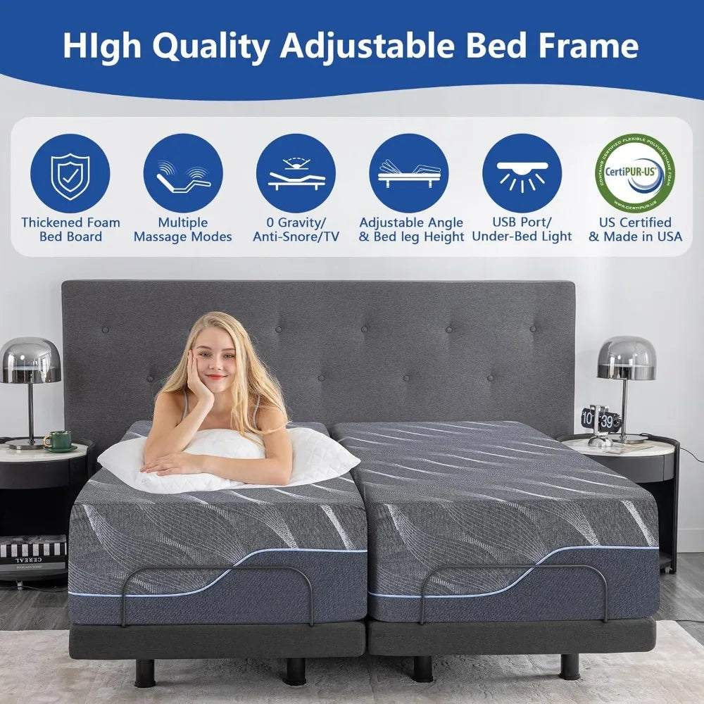 Twin XL Adjustable Bed Base with Mattress, 14 Inch Grey Gel Memory Foam Medium-Firm Mattress in Box, Adjustable Bed Frame with T