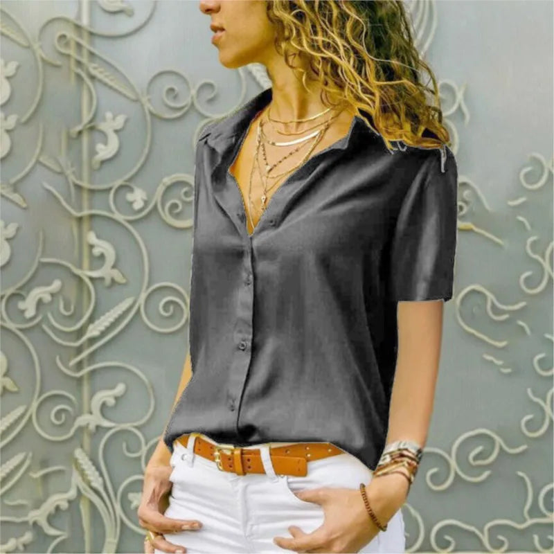 Women's Solid Color V-neck Button Short Sleeved Shirt Office Lady Red Solid Cardigan Blouse Tops Femme Blusas Camicie
