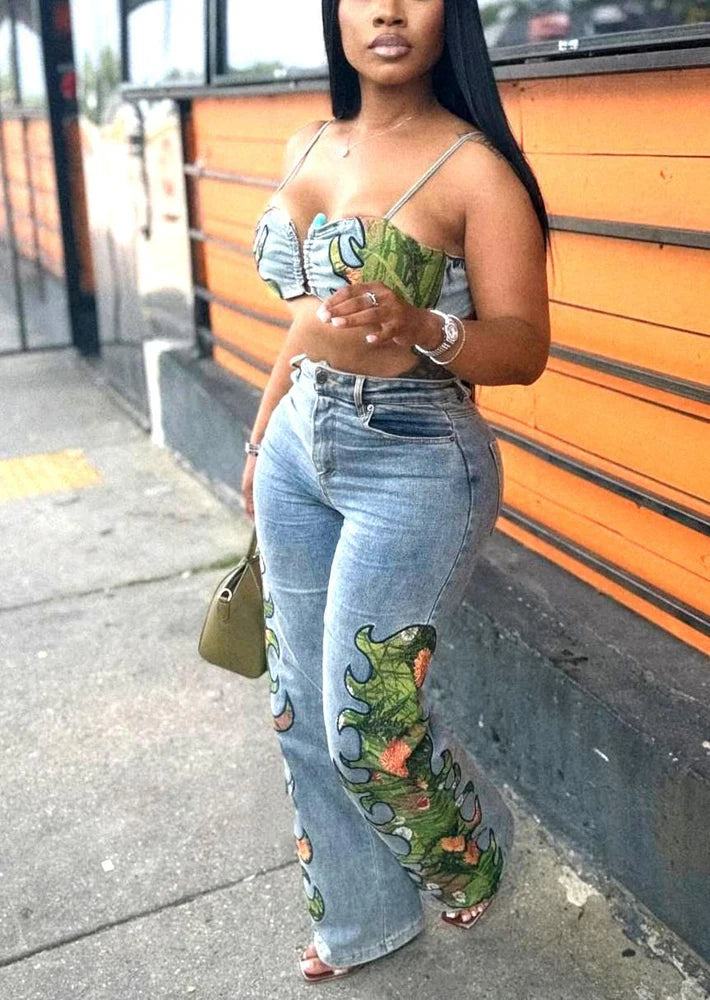 Sexy Denim Woman Set Fashion Floral Printed Crop Top and Wide Leg Jeans Pants Suit 2025 Street Wear Two 2 Piece Sets Outfits