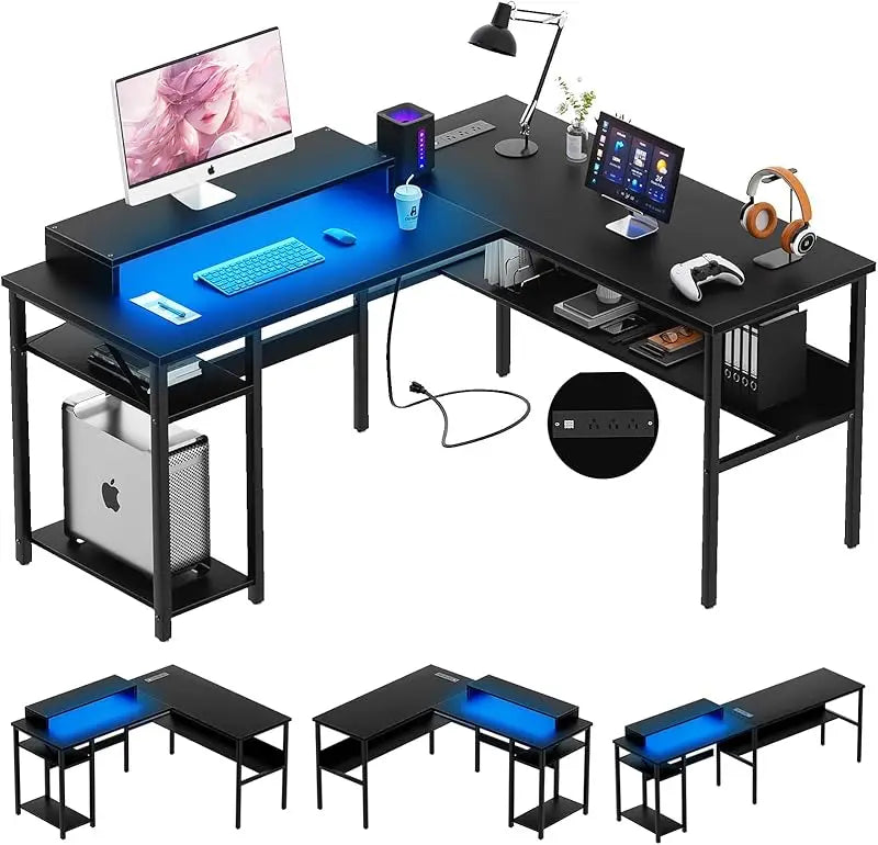 Reversible L Shaped Desk with Power Outlets and RGB LED Light, Sturdy Computer Desk with Ergonomic Monitor Stand and Storage