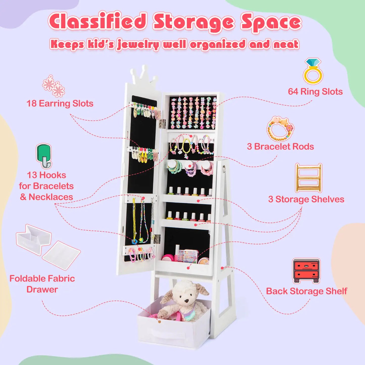 Kids Jewelry Cabinet w/ Full-Length Mirror Foldable Drawer Anti-toppling System