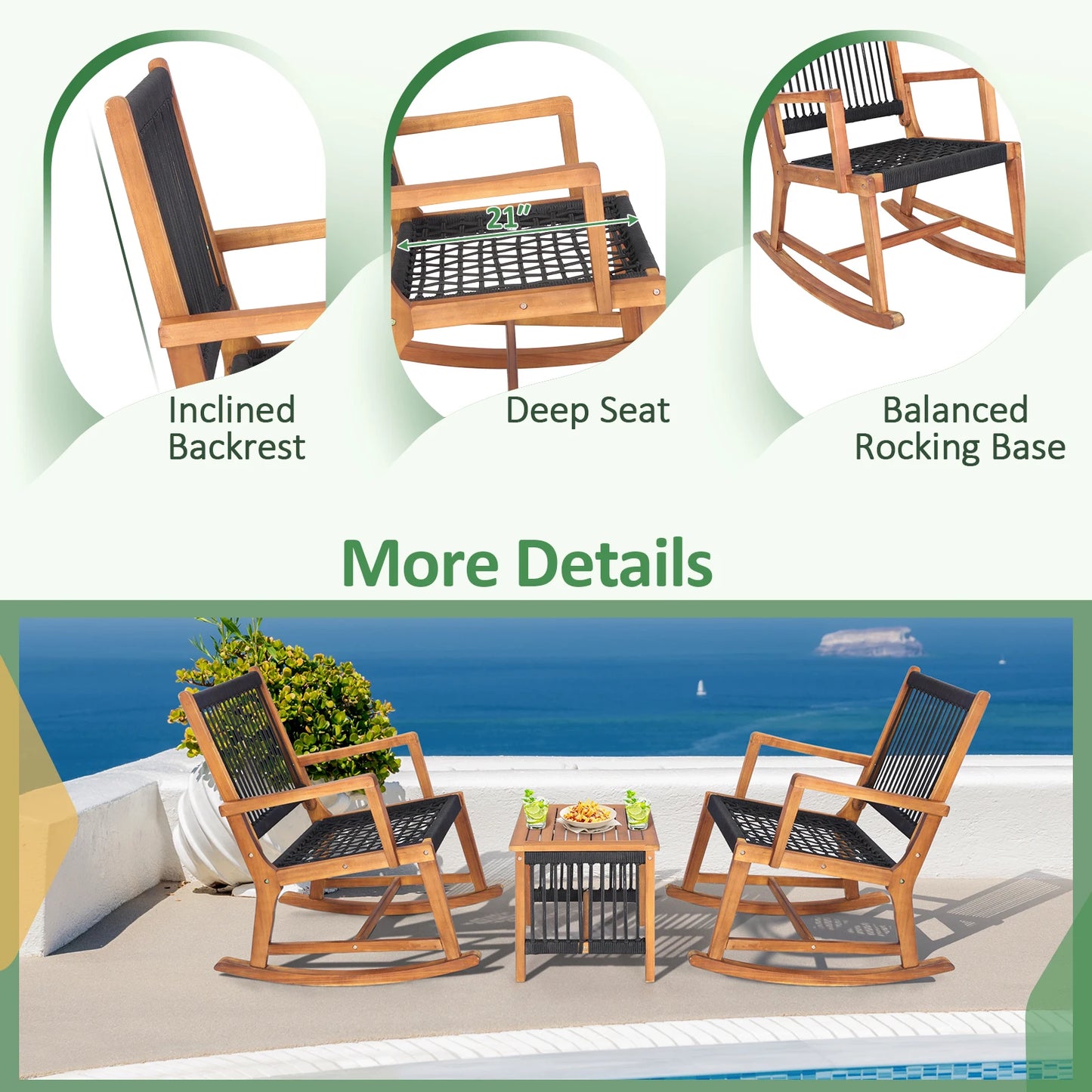 3pcs Patio Acacia Wood Bistro Table Rocking Chair Set All-Weather Rope Outdoor