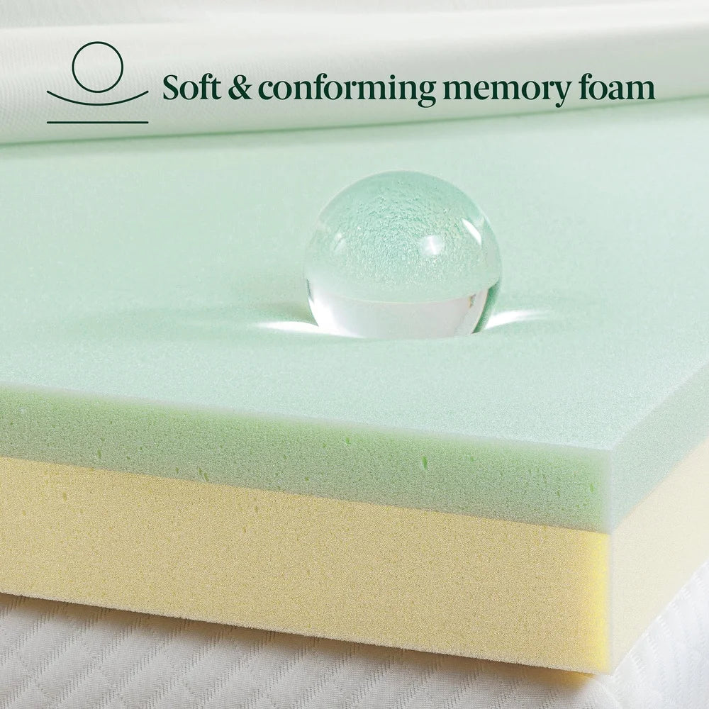 Dual-Layer 4 Inch Memory Foam Mattress Topper Twin Green Tea Charcoal Odor Absorbing Non-Slip Bed Comfort Support CertiPUR-US