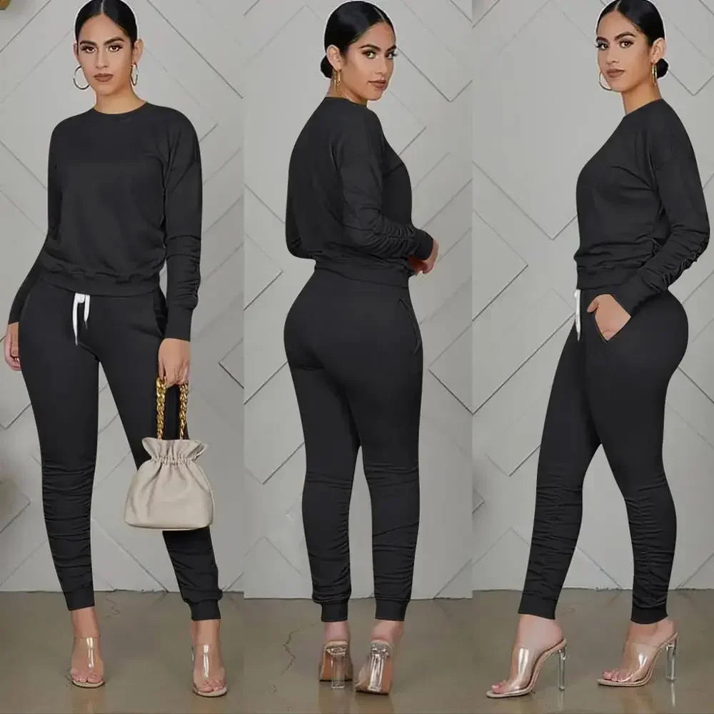 New round Neck Long Sleeve Slim Fit Warm Top Elastic Waistband Lace-up Trousers Simple Solid Color Sports Two-Piece Set