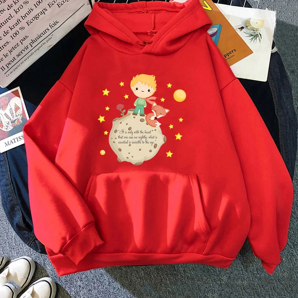 Little Prince and Fox Hoodies Women Casual Sweatshirts Kawaii Cartoon Printing Hoody Cute Clothes for Girls Graphic Hooded Tops