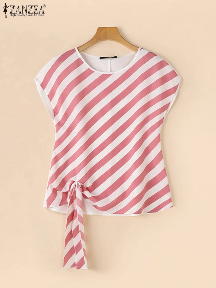 ZANZEA 2025 Korean Striped Printed Tops Fashion Short Sleeve Blouse Holiday Summer HolidayLoose Belted Tunic Casual Simple Tops