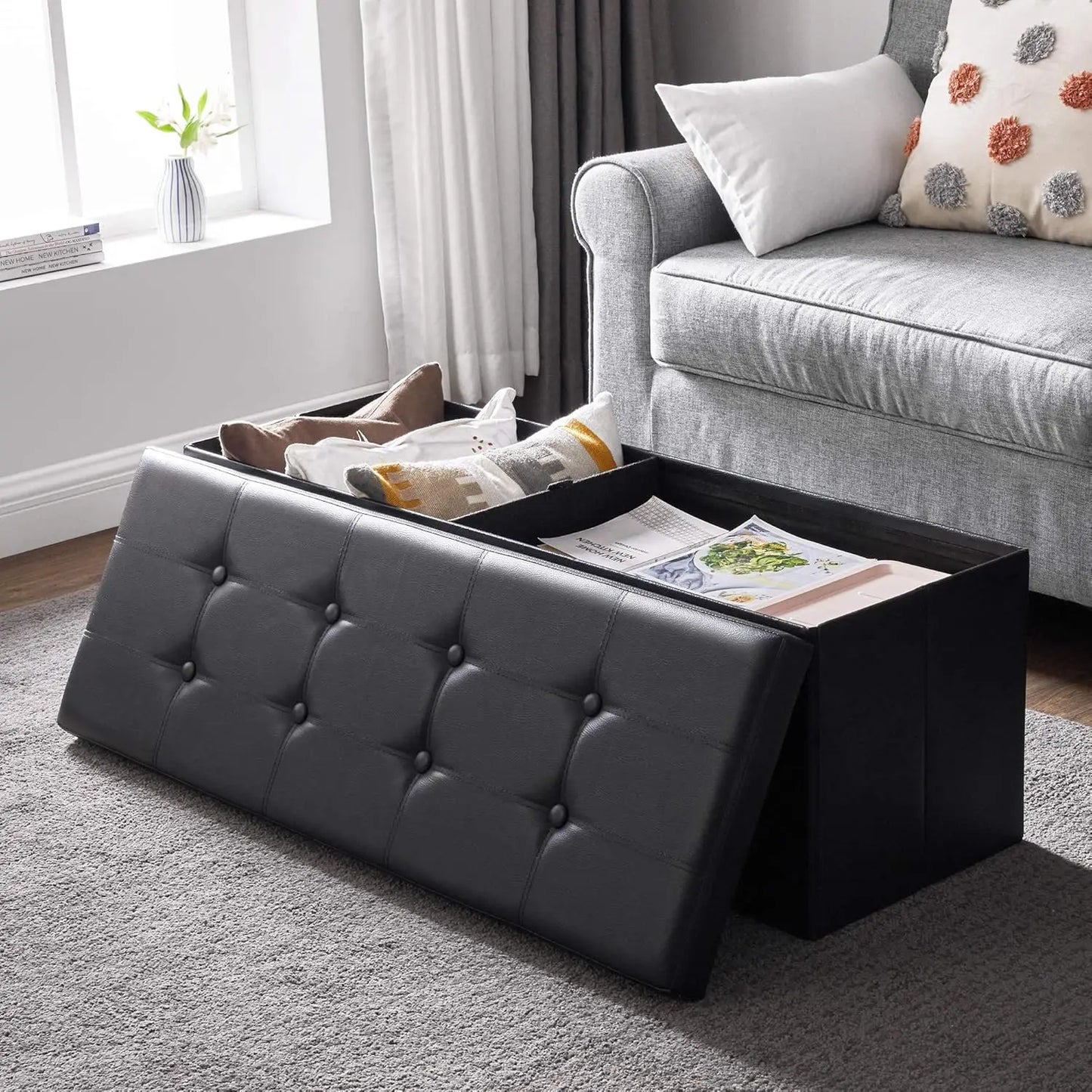 15/30/43 Inch Storage Stool Ottoman,Shoe Bench with Cushioned Seat, Bedside Cabinet & Footrest for Living Room/Bedroom/Office