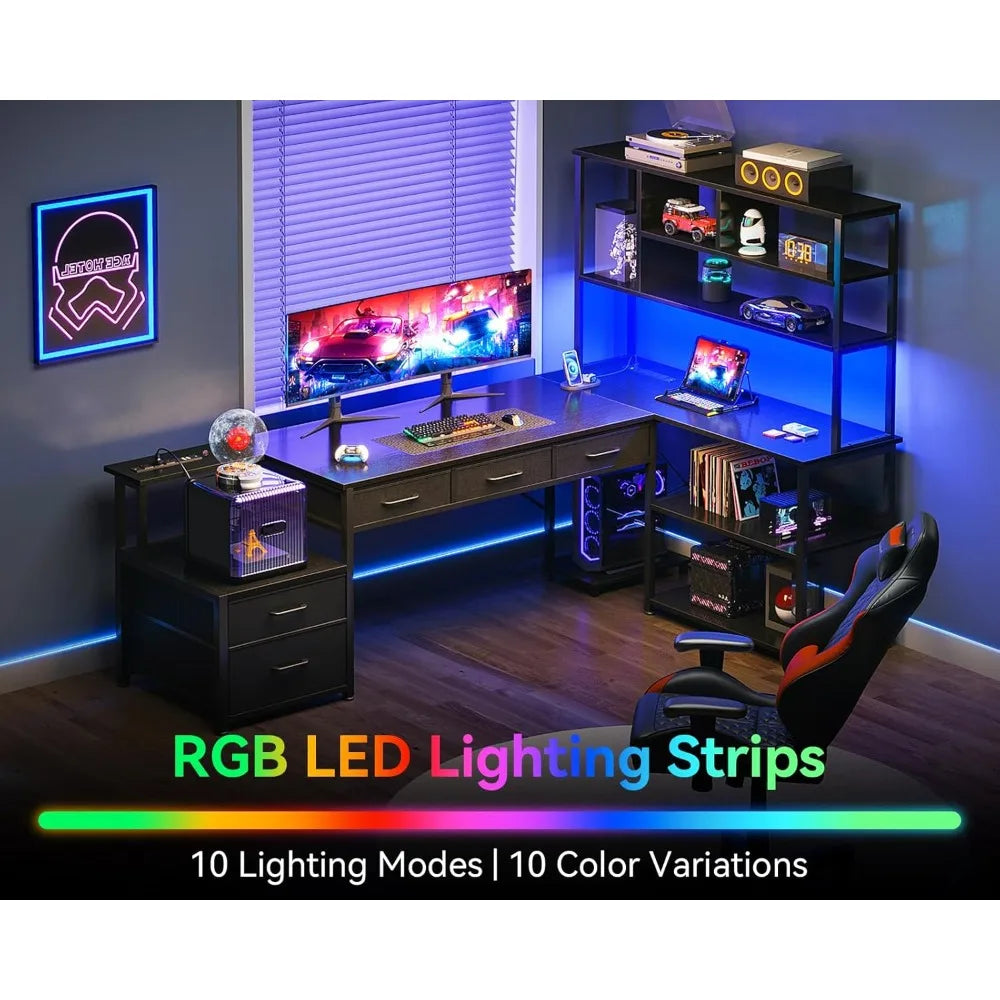 79 inch L Shaped Desk with File Drawers, Reversible L Shaped Gaming Desk with Power Outlets & LED Lights, Computer Desk with St