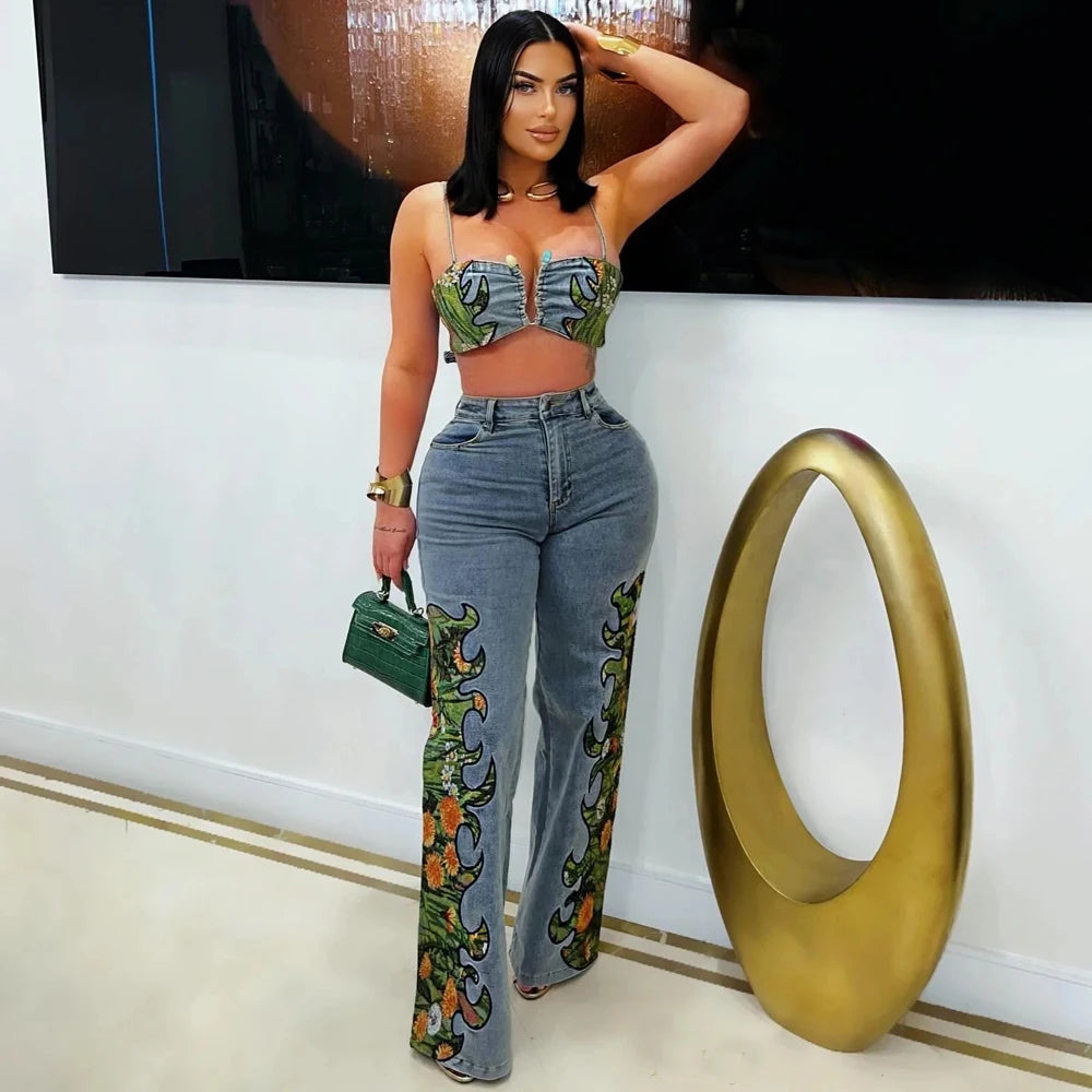 Sexy Denim Woman Set Fashion Floral Printed Crop Top and Wide Leg Jeans Pants Suit 2025 Street Wear Two 2 Piece Sets Outfits