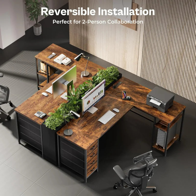 55 Inch L Shaped Desk with Fabric Drawers, Reversible Computer Gaming Desk with Power Outlets and USB-C Port, Adjustable Side S