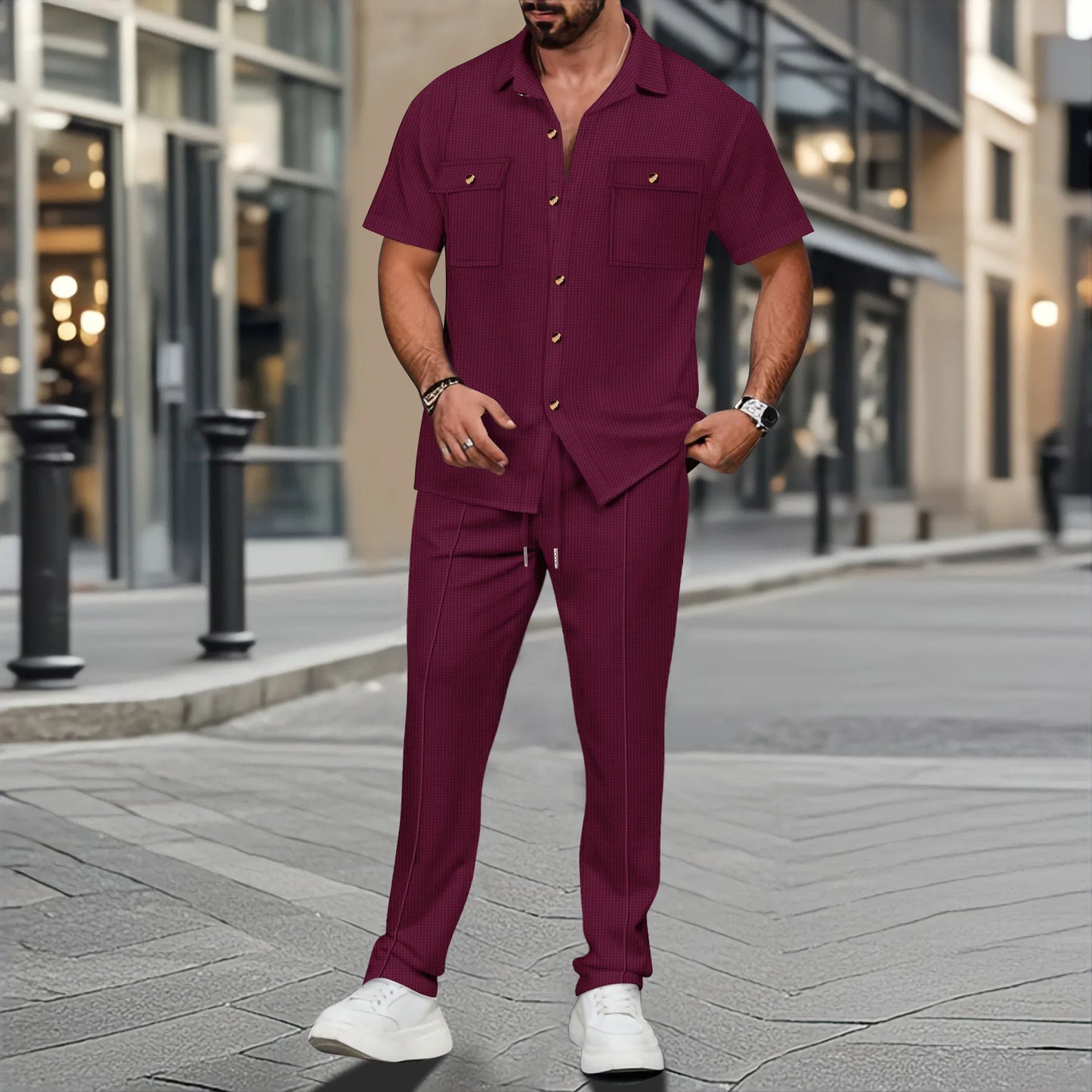 2025 New solid color button pocket shirt short sleeve trousers waffle check two-piece set, outdoor travel set spring and summer