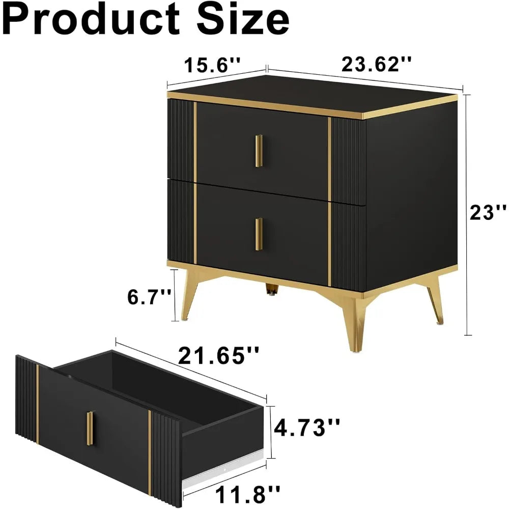 Nightstands Set of 2, Wood Bedside Table with 2 Drawers, End Table with Striped Surface Metal Handle Legs