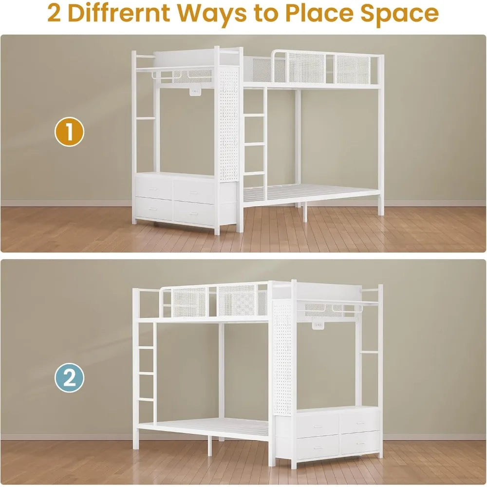 Twin Over Twin Metal Bunk Bed with Hall Tree, Power Outlet, LED Lighting, 4 Storage Drawers, and Safety Guardrail