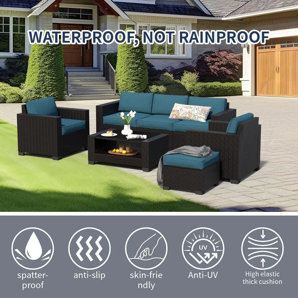 7 Piece Patio Furniture Set, Wicker Outdoor Sectional Sofa with Washable Cushion Covers and Tempered Glass Table, Rattan Convers