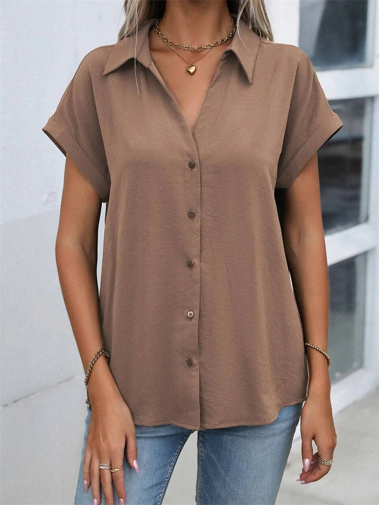 Classic Solid Color Short-sleeved Shirt Women's Summer New Casual Wind Tie Buckle Slim Short-sleeved Shirt Flip Collar Blouse