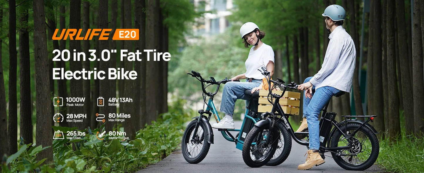 1000W E20 Electric Bike | 48V 13Ah Removable Battery, 20MPH, 20''X3" Fat Tire, 7-Speed Electric Bicycles with Dual Disc Brake