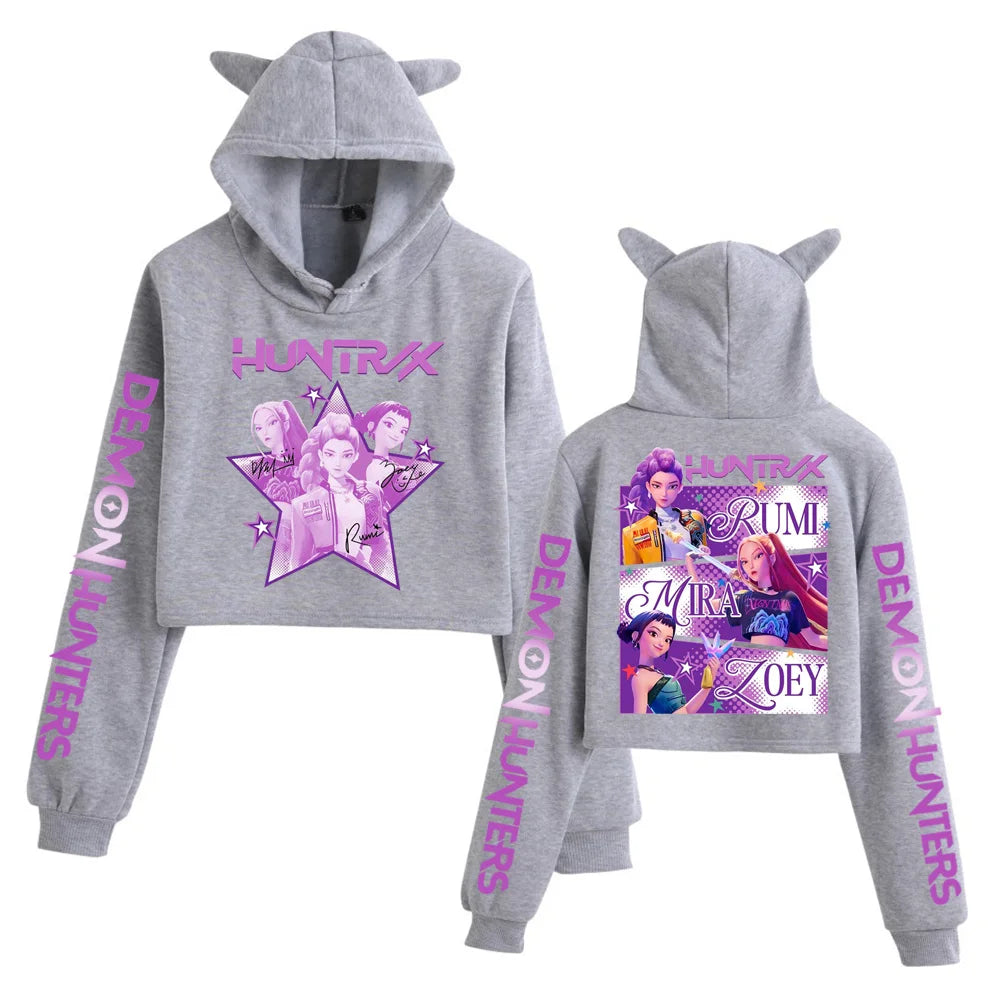 Kpop Demon Hunters Fanmerch Mira Rumi Zoey Huntrix Crop Tops Cat Ears Sweatshirt Long Sleeve Girls Fashion Hoodie