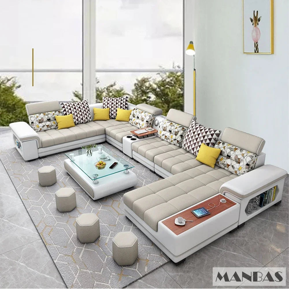 Big U-Shape Coth Living Room Sofa Sets with USB, Speaker, Stools, Bluetooth - MANBAS Fabric Sectional Sofas for Home Furniture