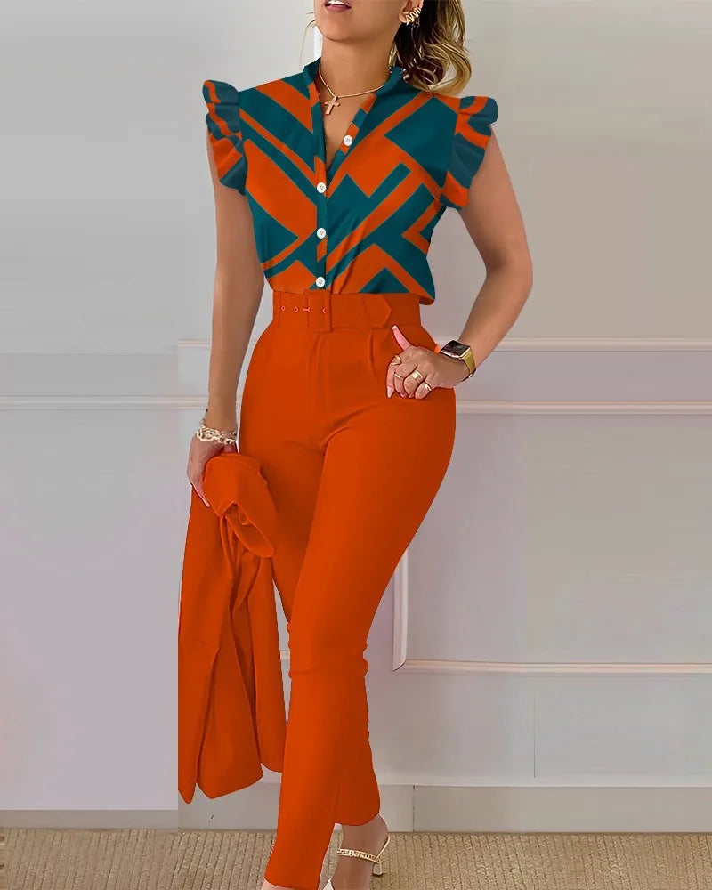 Summer Women's Flower Print Lotus Leaf Sleeve High Waist Pants Set Waist Belt Women's V-Neck Two Piece Set Work Suit Set