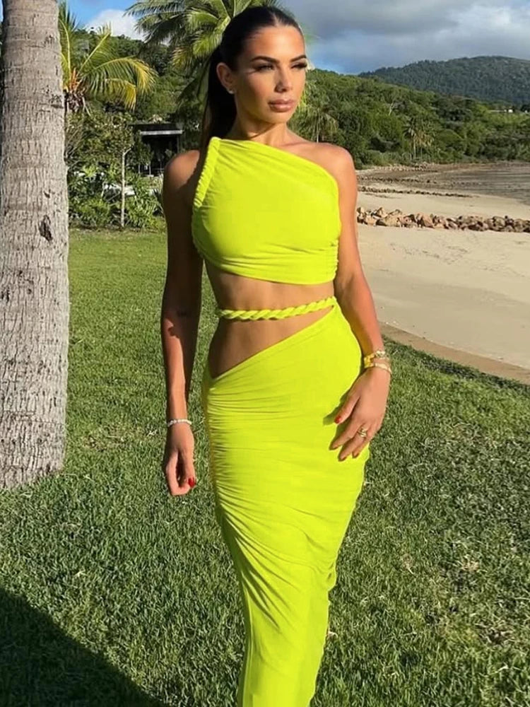 Nibber Temperament Beach Vacation 2 Piece Set Women Irregular Skew Collar Bandage Backless Tops+Ruched Skirts Summer Trend Suit