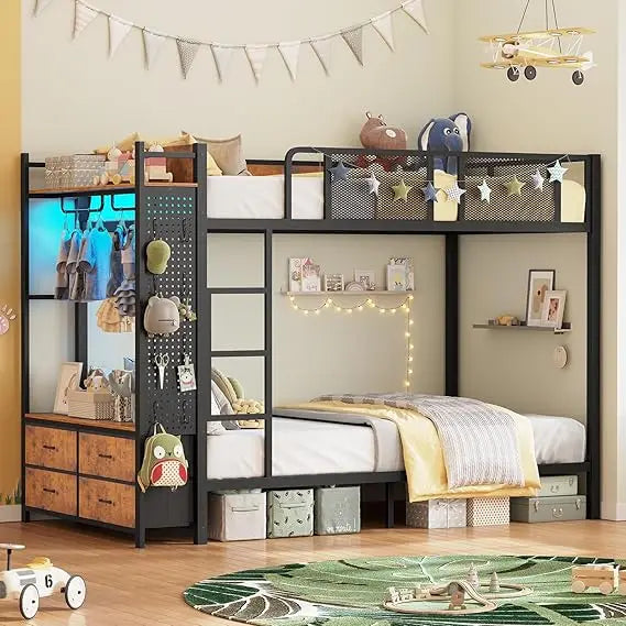 Twin Over Twin Metal Bunk Bed with Hall Tree, Power Outlet, LED Lighting, 4 Storage Drawers, and Safety Guardrail