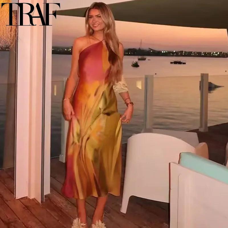 TRAF Women's Dress 2024 Print Halter Midi Dresses Summer Tie Dye Long Dresses For Women Backless Sexy Satin Holiday Dresses