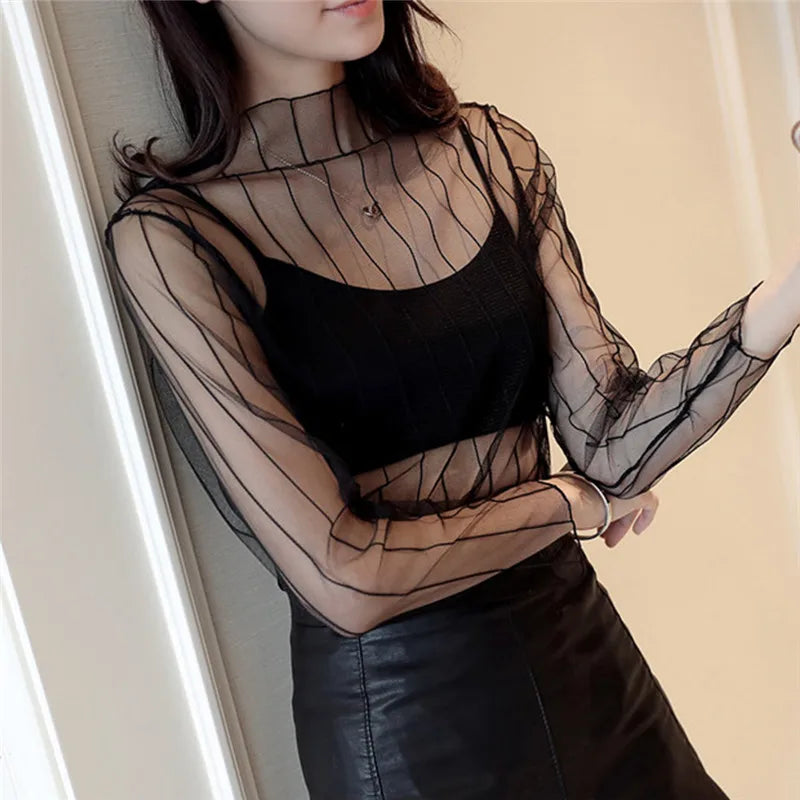 Women Mesh See Shirt Through Elegant Tops 2024 Hollow Transparent Fashion Exquisite Shirts Pentagram Dot Base Top