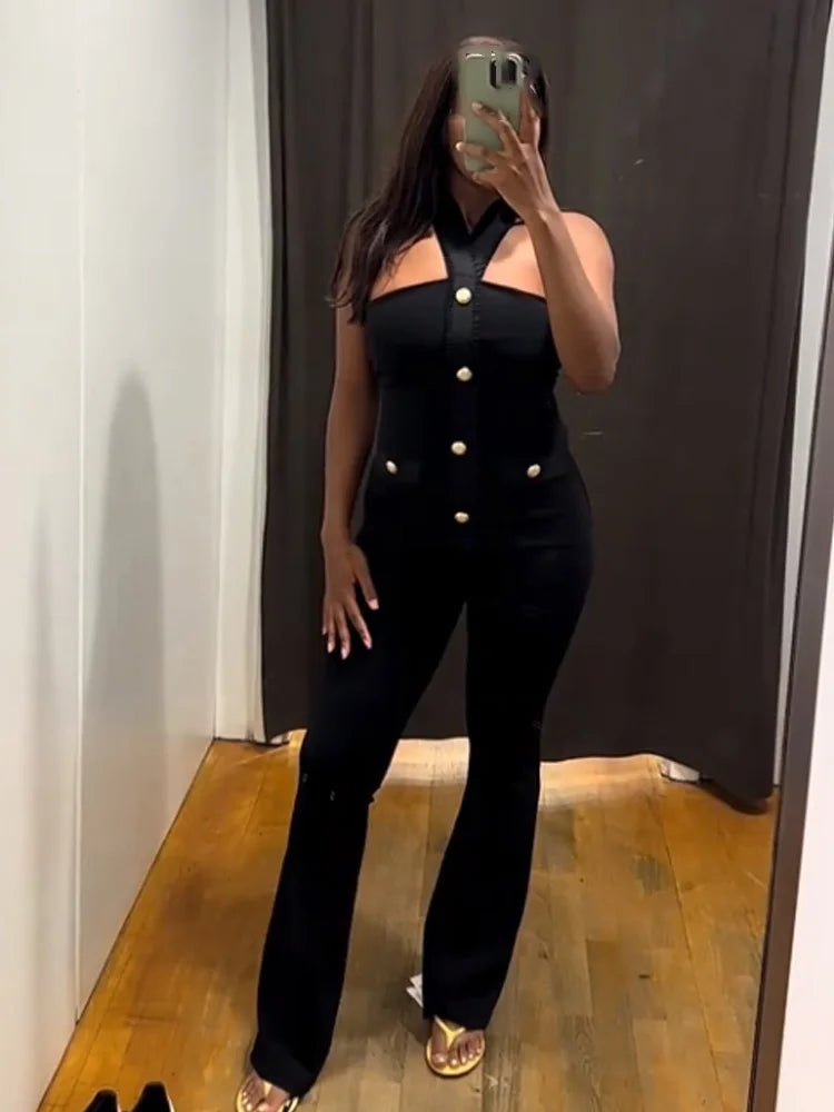 HH Women Suit Black Elasticity Neck Halter Button Design Sleeveless Backless Sexy Top+Elastic Waist Casual Slim Long Pant
