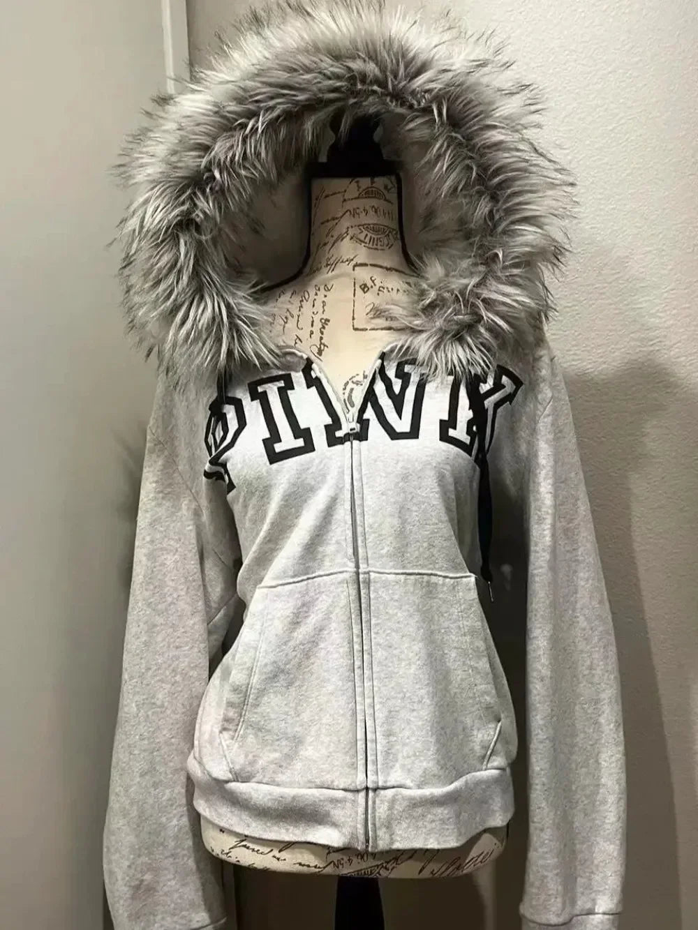 Y2K Gray Flocked Hoodie Womens Harajuku Retro Letter Graphic Embroidered Zipper Jacket Autumn Winter Gothic Sweet Sexy Slim Coat
