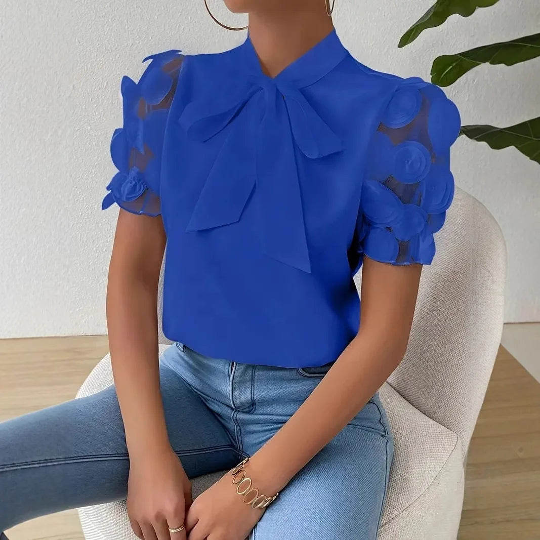 Summer Short Sleeve Blouses For Women 2025 Fashion Loose Bow O-neck White Tops Casual Ladies Shirts Elegant