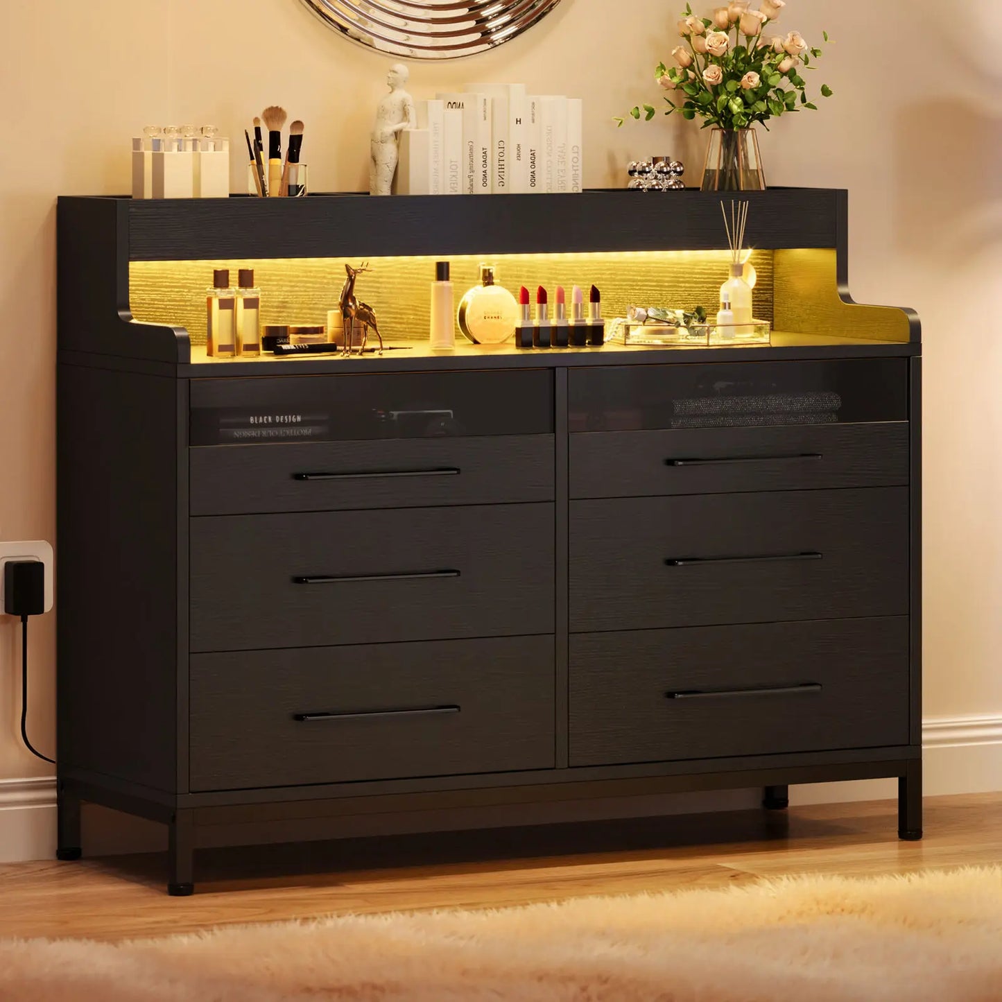 LED Dresser with 6-Drawer Bedroom Chest of Drawers File Cabinet w/Open Shelves