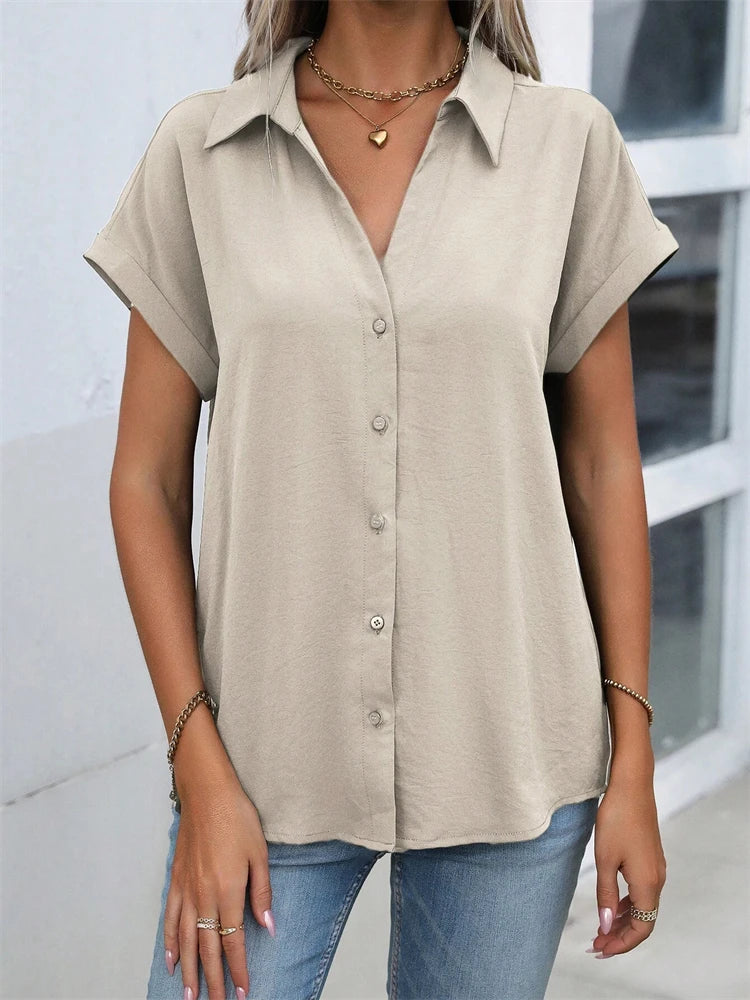 Classic Solid Color Short-sleeved Shirt Women's Summer New Casual Wind Tie Buckle Slim Short-sleeved Shirt Flip Collar Blouse