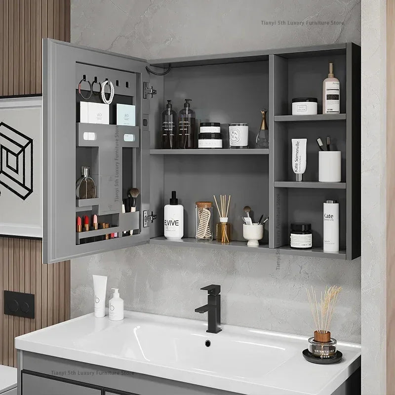 Space Aluminum Bathroom Mirror Wall-mounted Make Up Vanity Storage Mirror Cabinet Shelves Home Furniture Muebles Bano FYBC