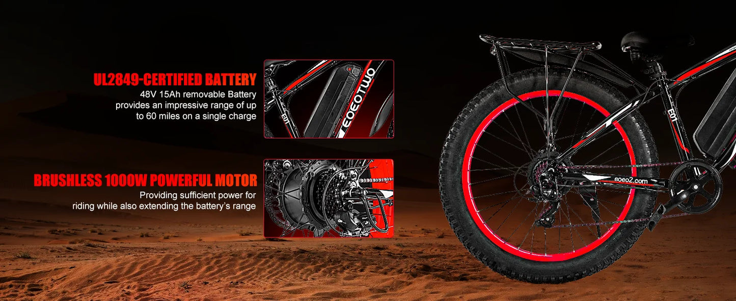 Electric Bike Adults 1500W Peak Motor 34Mph Electric Bicycle 26" Fat Tire Mountain Bike 60Mile Range 48V 15AH Electric Dirt Bike