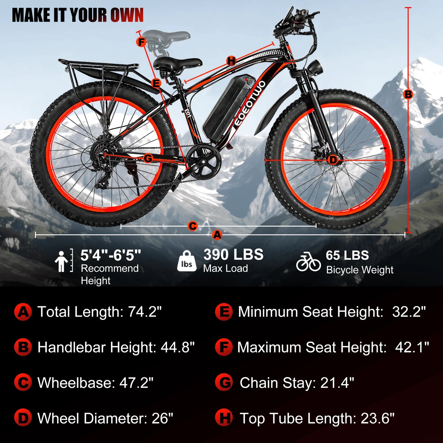 Electric Bike Adults 1500W Peak Motor 34Mph Electric Bicycle 26" Fat Tire Mountain Bike 60Mile Range 48V 15AH Electric Dirt Bike