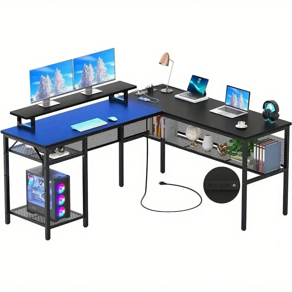 L-shaped computer desk with lighting in more than 60, 000 colors, unique grid back plate and grid bookshelves