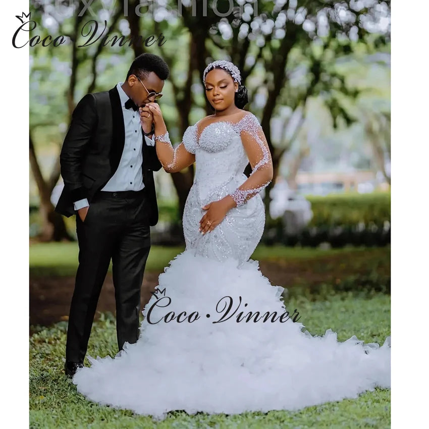 Customized Africa Luxury Mermaid Wedding Dress For Women 2025 New Long Sleeves With Heavy Beading Sequin Lace Bride Dress W1381